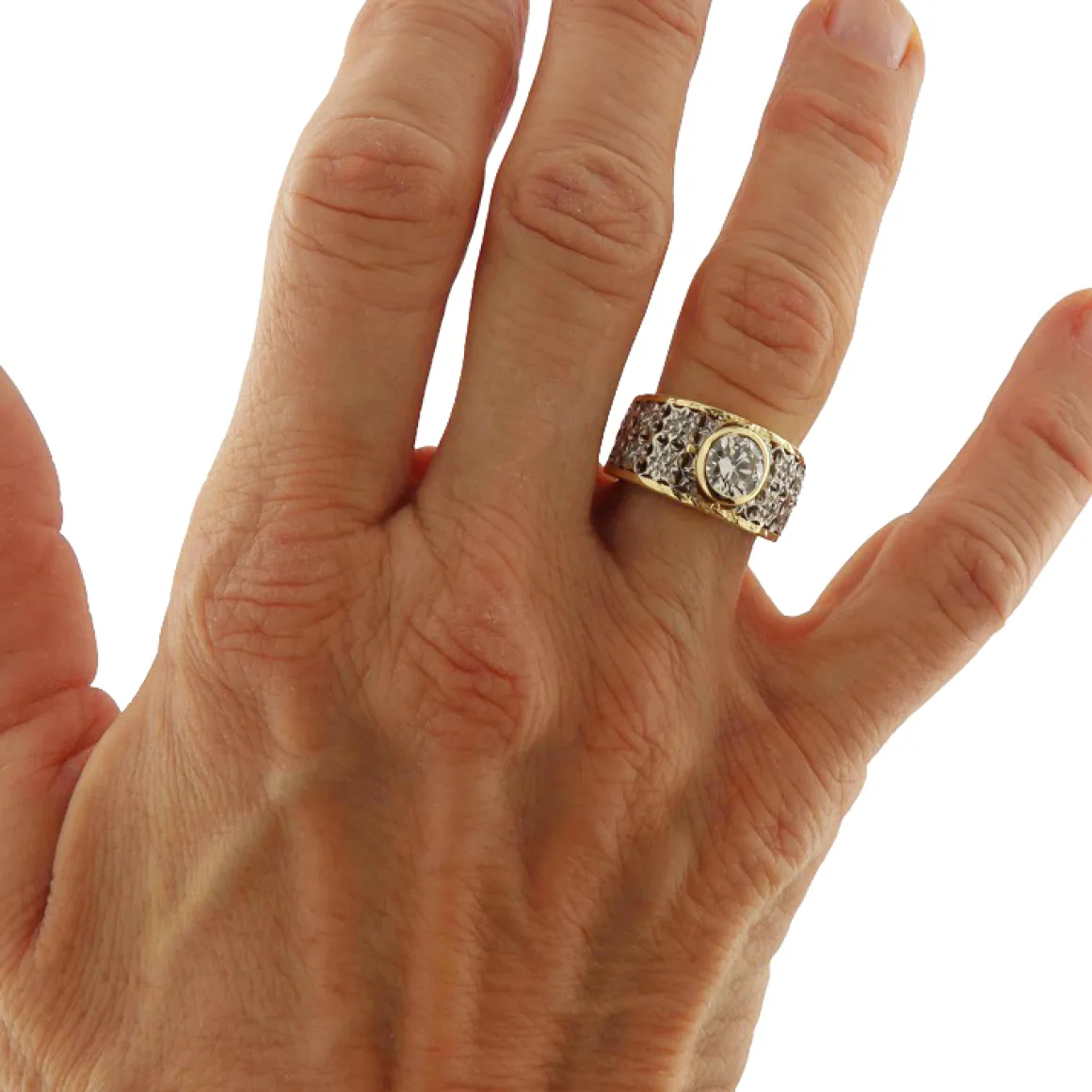 Anello fascia in oro giallo e bianco con diamanti