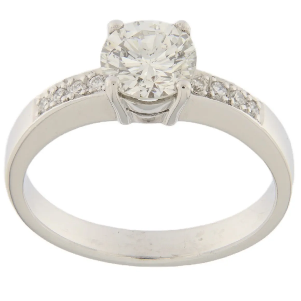 Anello solitario in oro bianco con diamante taglio brillante certificato HRD e brillanti sul gambo