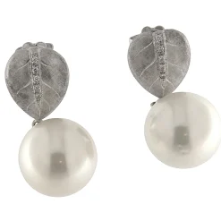 Orecchini pendenti in oro bianco con diamanti e perle diametro mm 14