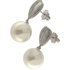 Orecchini pendenti in oro bianco con diamanti e perle diametro mm 14
