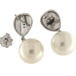 Orecchini pendenti in oro bianco con diamanti e perle diametro mm 14
